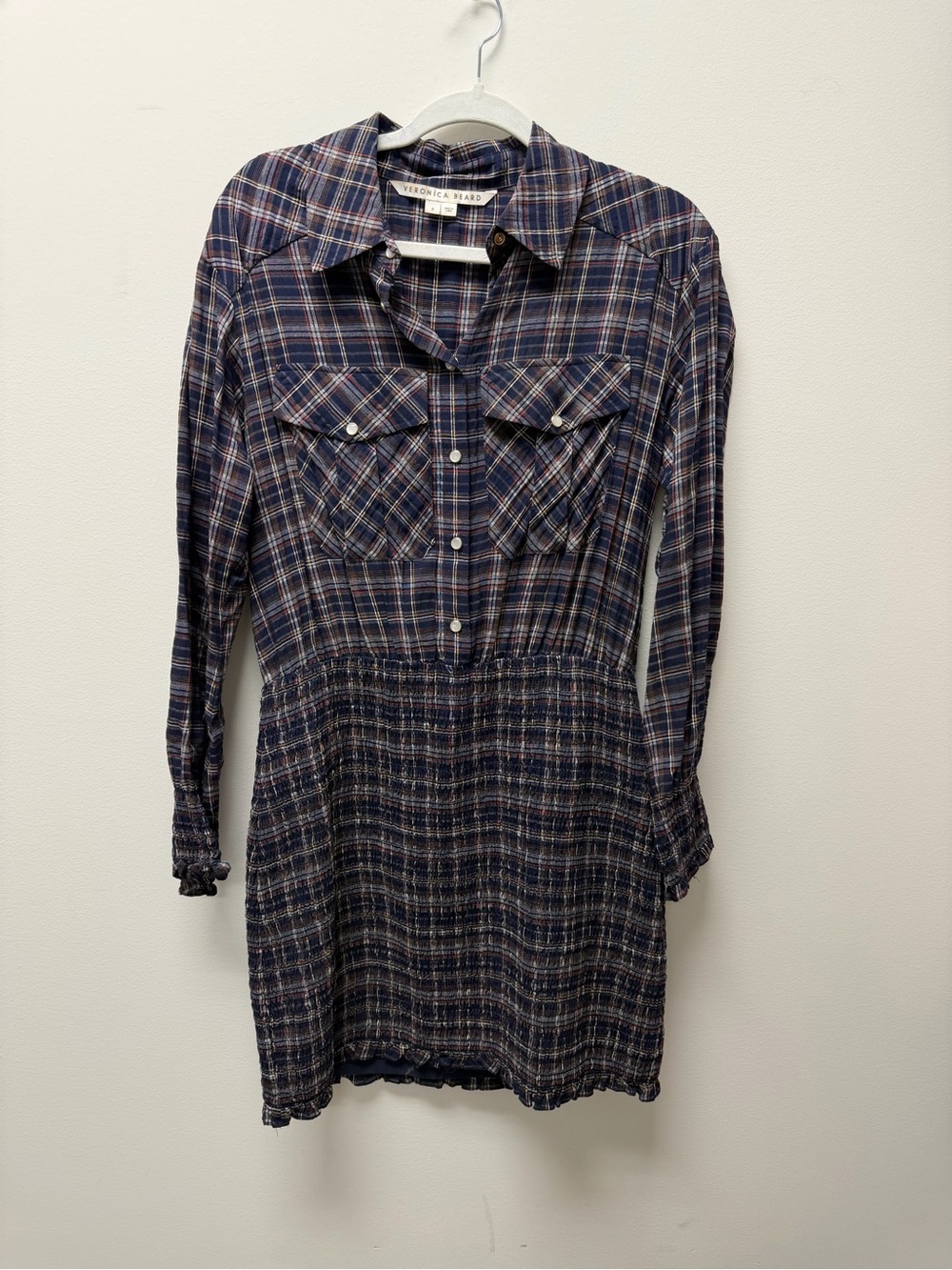 Veronica Beard Navy and White Plaid Long-Sleeve Shirt Dress